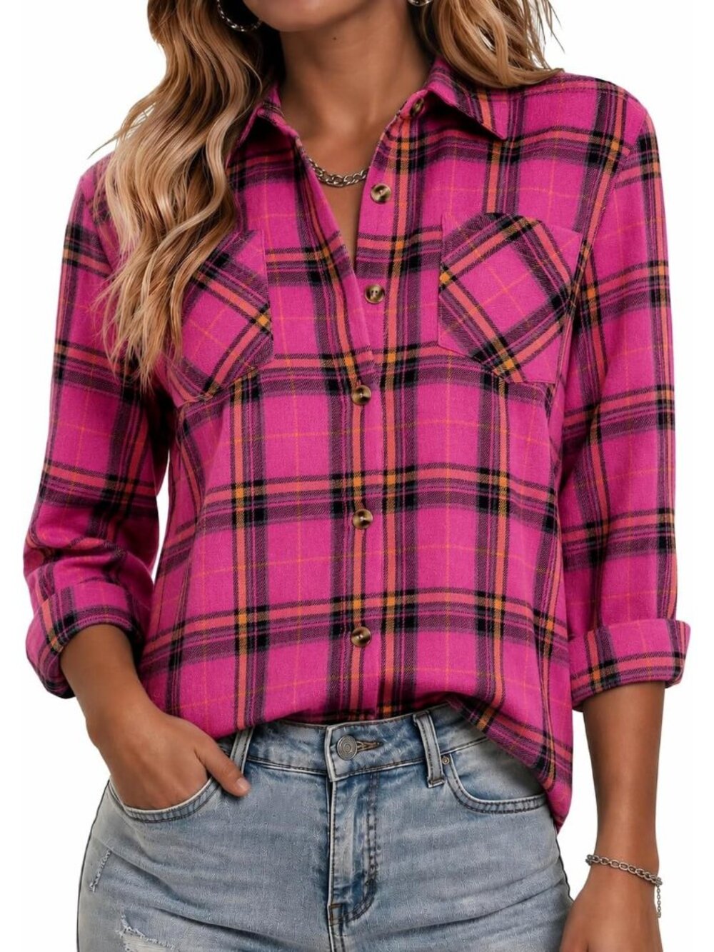 Women's Hot Pink Flannel Plaid Long Sleeve Button Down Imported Top Work Blouse